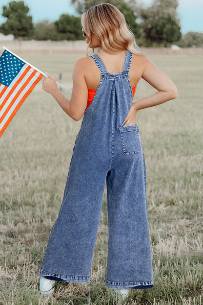 Light Blue Mineral Wash Buttoned Straps Wide Leg Denim Overalls