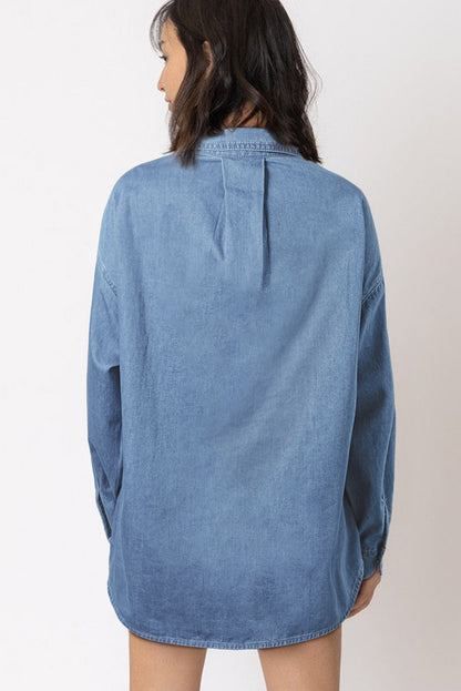 Beau Blue Solid Color Oversized Patched Pocket Buttoned Shirt