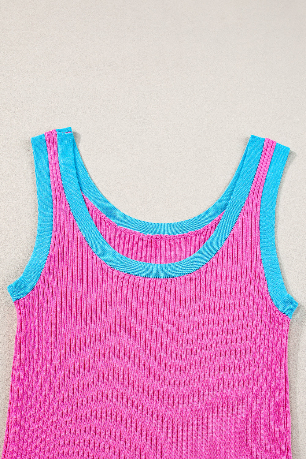 Bright Pink Colorblock Edge Ribbed Knit U Neck Tank Top