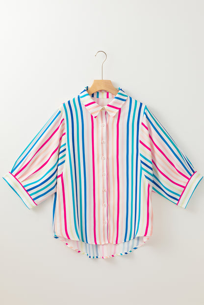 Pink Stripe 3/4 Sleeve Button Up Casual Shirt