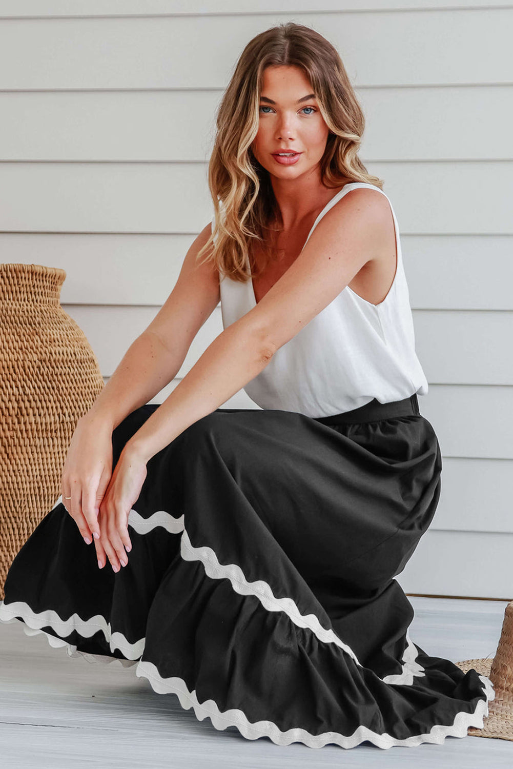 Black Ricrac Trim Colorblock High Waist Long Skirt