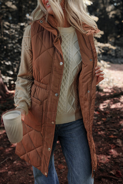 Coffee Longline Quilted Stand Collar Puffer Vest