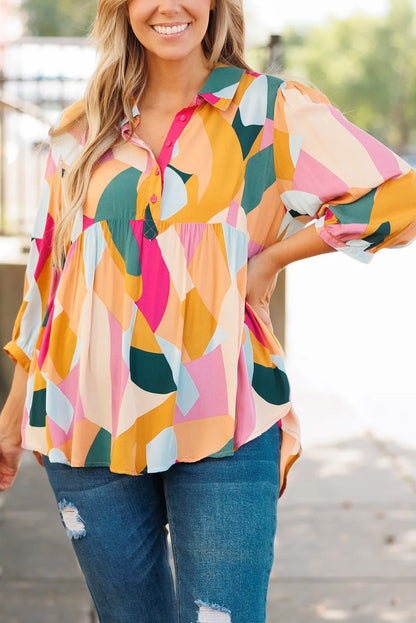 Multicolor Geometric Print Bracelet Sleeve Henley Blouse