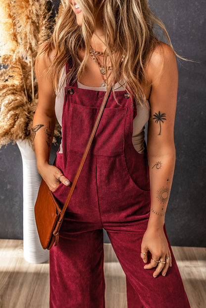 Fiery Red Solid Color Corduroy Wide Leg Bib Overalls