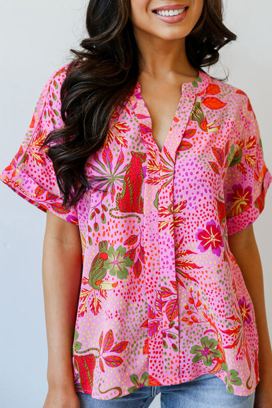 Rose Jungle Floral Print Notch V Neck Blouse