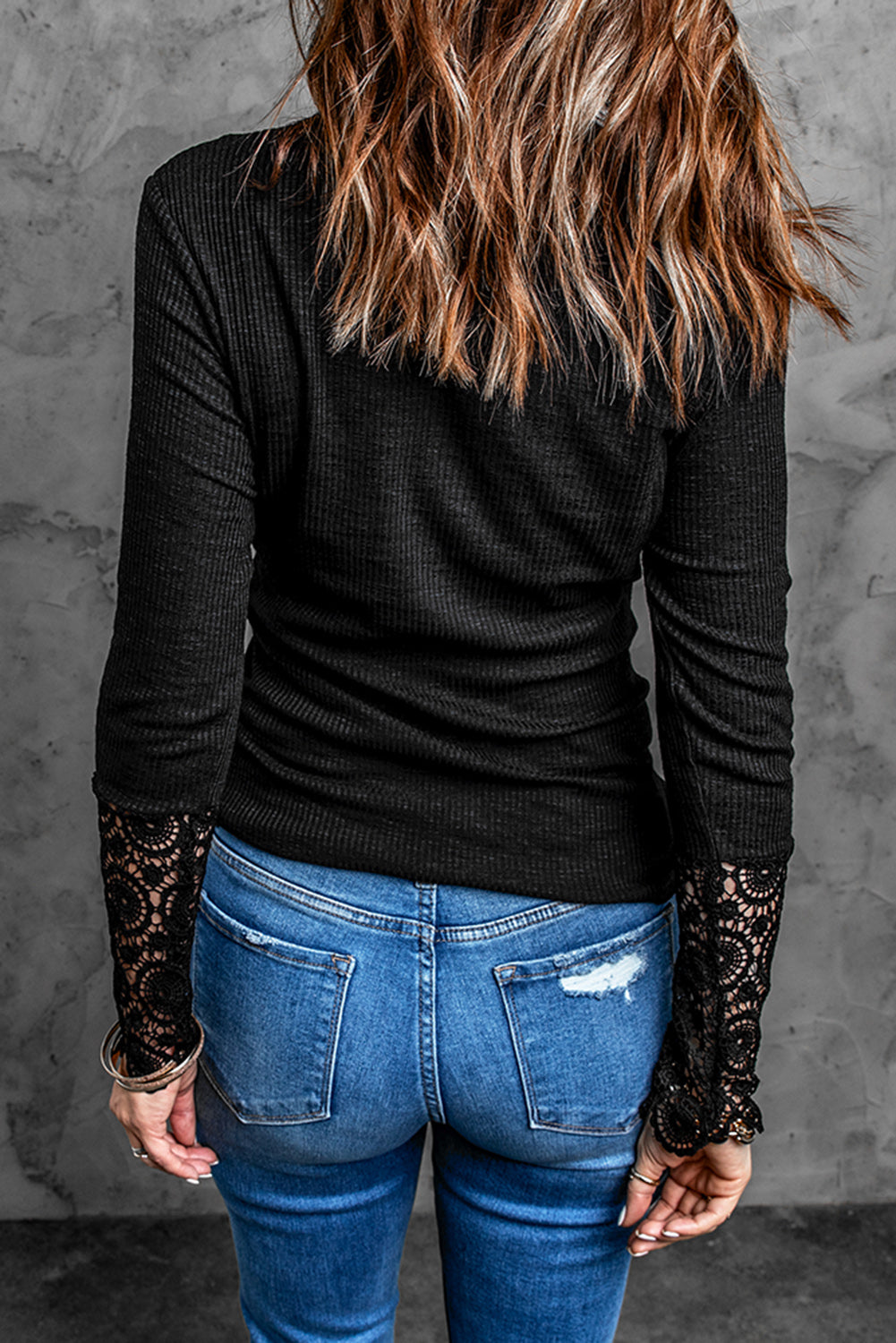 Black Crochet Lace Hem Sleeve Button Top