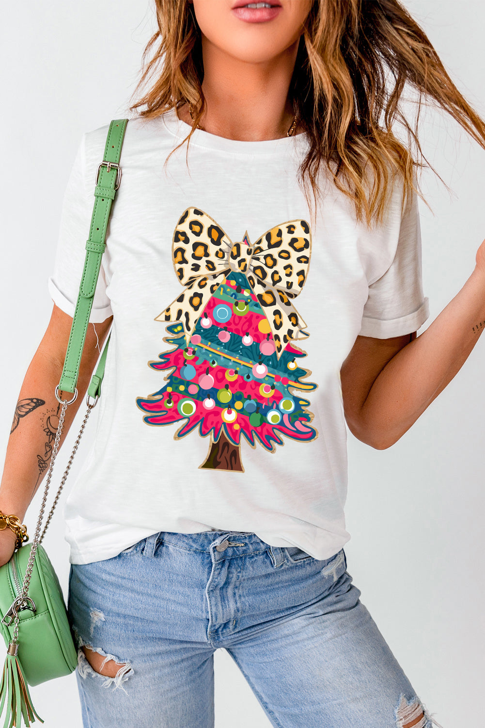 White Leopard Bow Décor Christmas Tree Graphic Crew Neck Tee