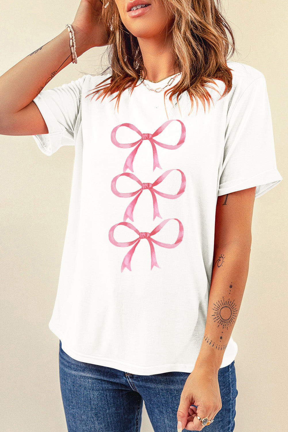 Bow Graphic Round Neck Short Sleeve T-Shirt