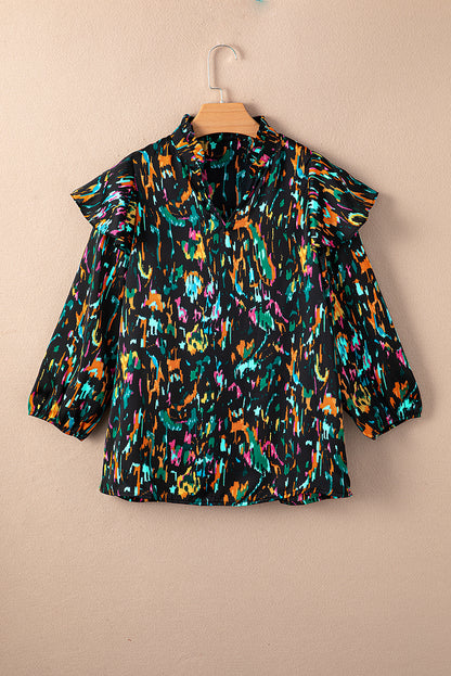 Multicolour Abstract Print 3/4 Puff Sleeve Ruffle Blouse