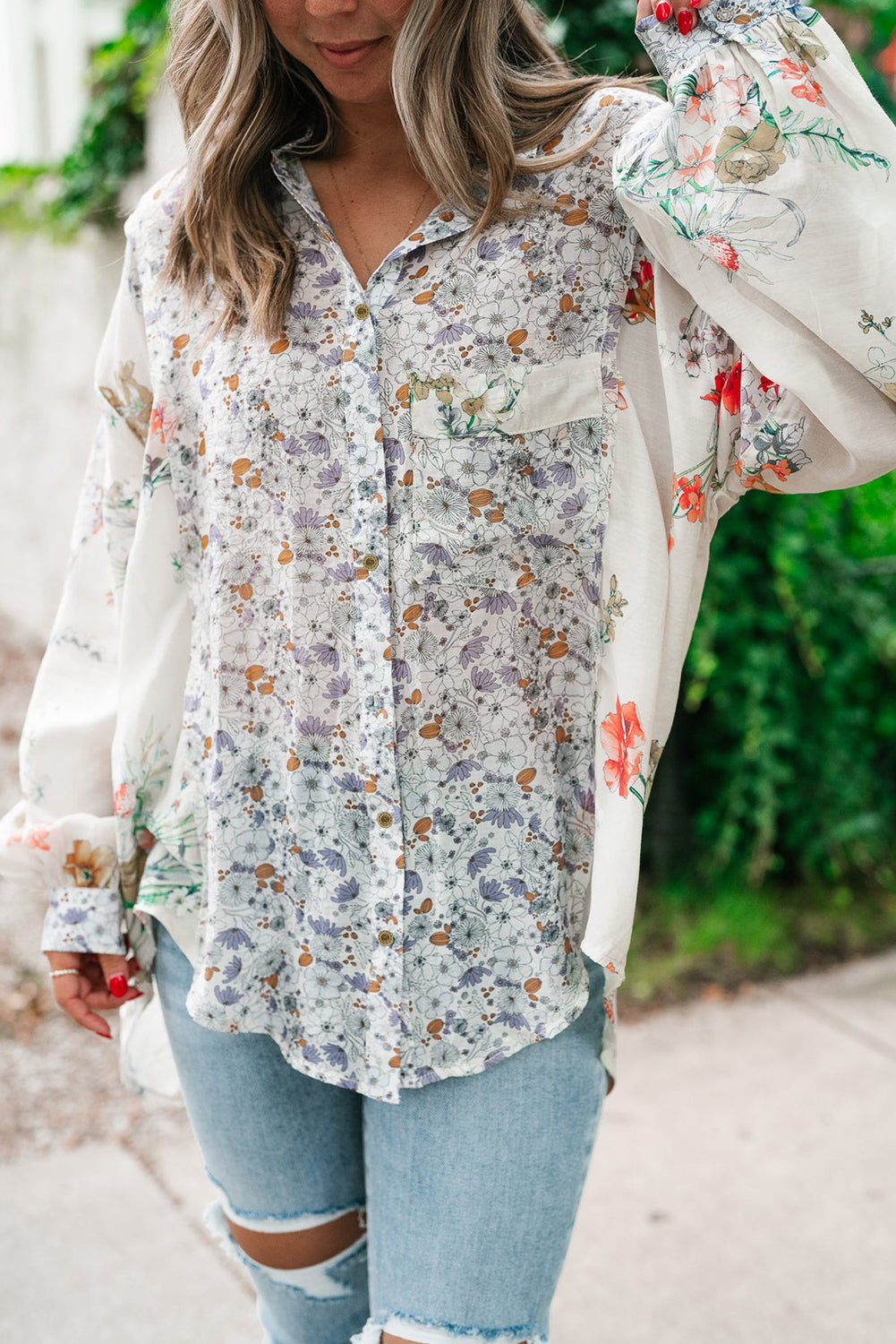 Purple Boho Floral Bishop Sleeve Button Up Loose Shirt