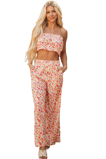 Pink Boho Floral Bandeau Top and High Waist Wide Leg Pants Set