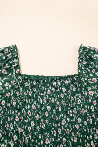 Green Smocked Square Neck Puff Short Sleeve Floral Mini Dress