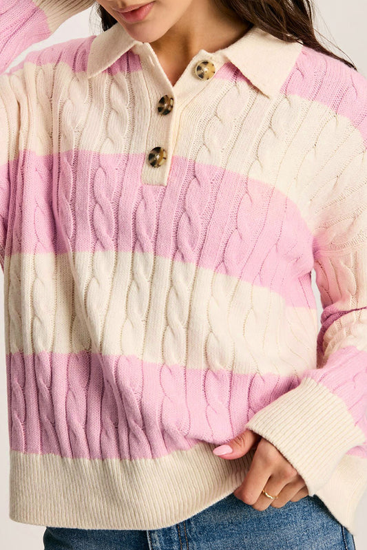 Pink Stripe Cable Knit Collared Henley Sweater