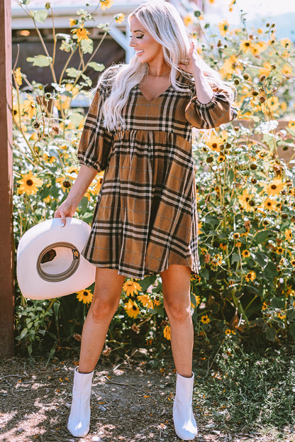 Brown Plaid Pattern Empire Waist Babydoll Dress