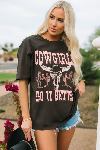 Gray COWGIRLS DO IT BETTER Graphic Print Oversized T Shirt