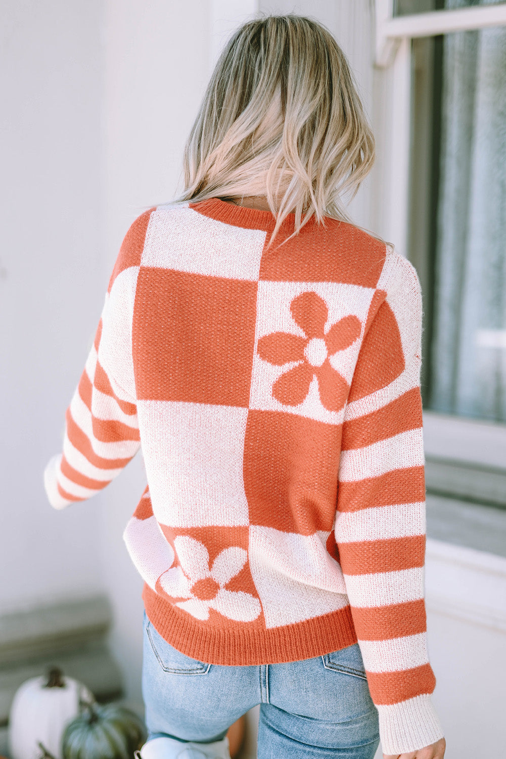 Brown Checkered Floral Print Striped Sleeve Sweater