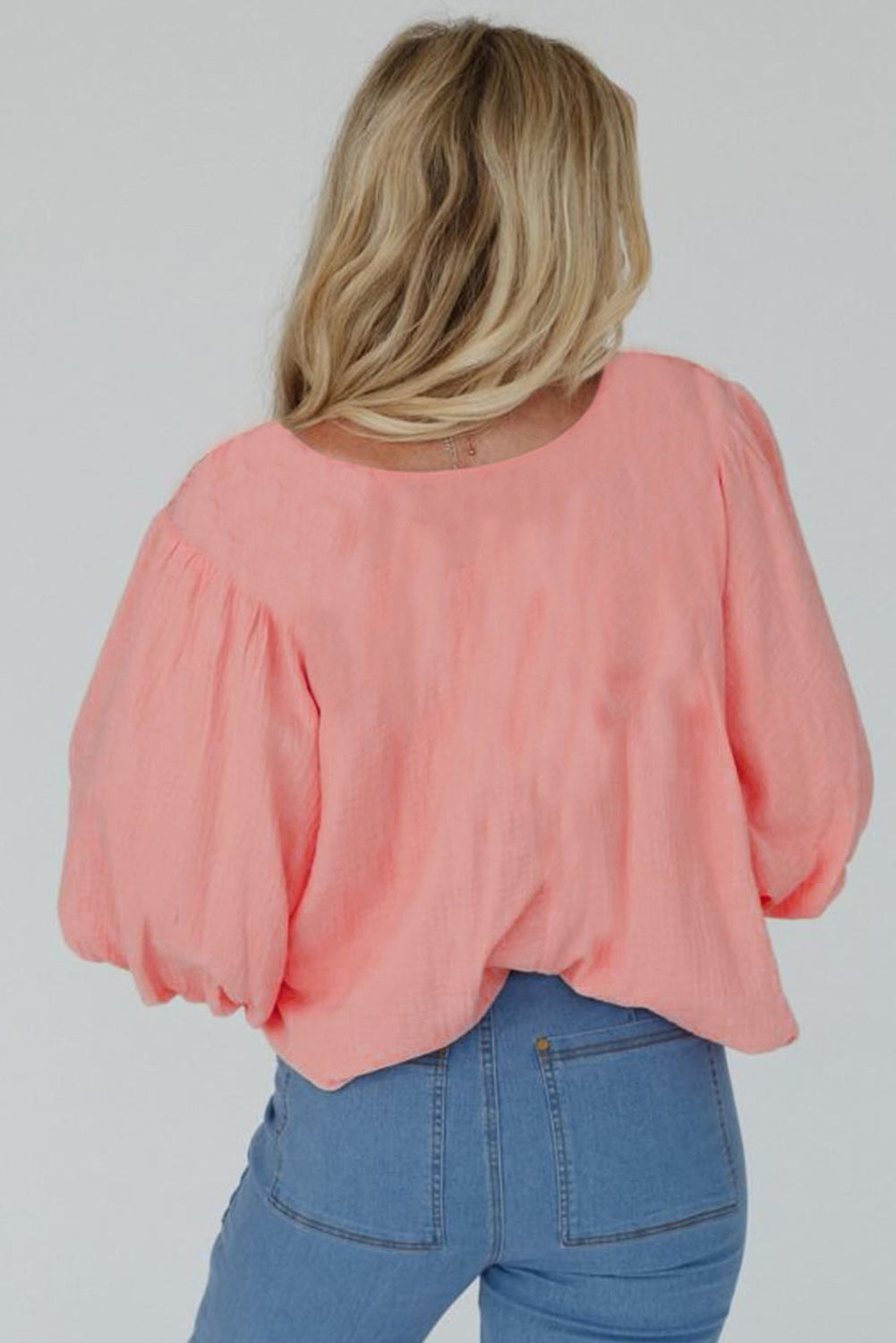 Apricot Pink Geometric Embroidered V Neck Puff Sleeve Blouse