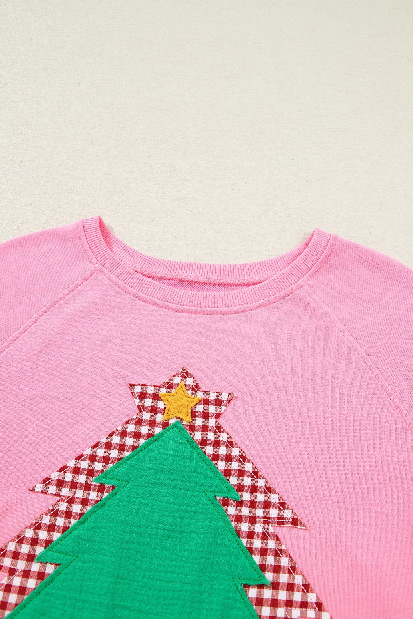 Sachet Pink Plaid Contrasted Double Christmas Tree Patched Raglan Sleeve Pullover 2pcs Short Set