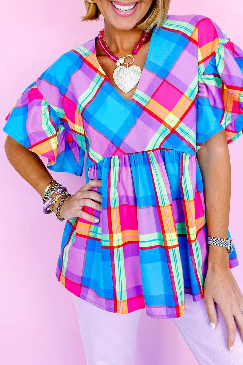 Sky Blue Colorful Plaid V Neck Ruffled Short Sleeve Babydoll Top