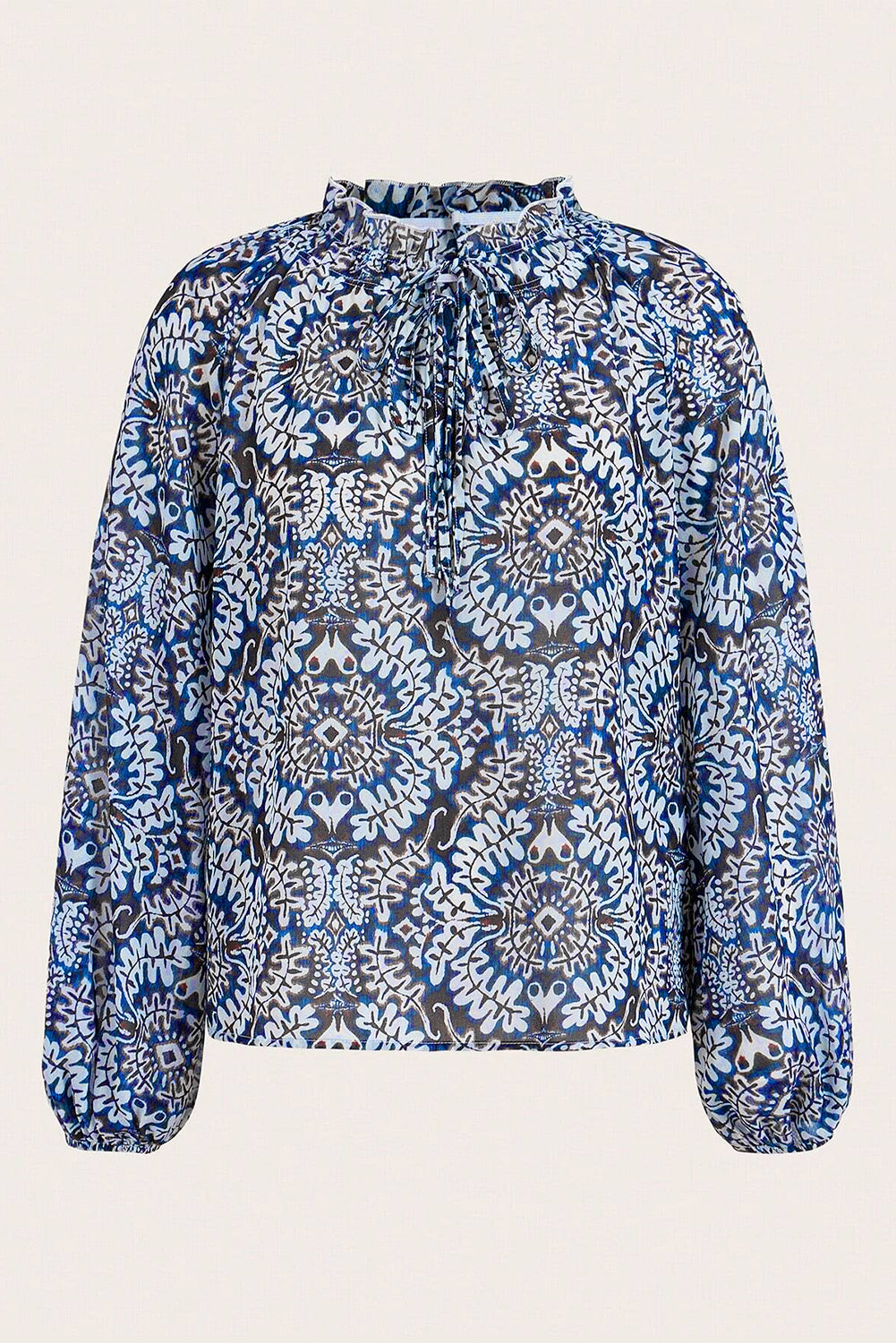 Blue Tribal Print Lace-up Frilled Neck Puff Sleeve Blouse