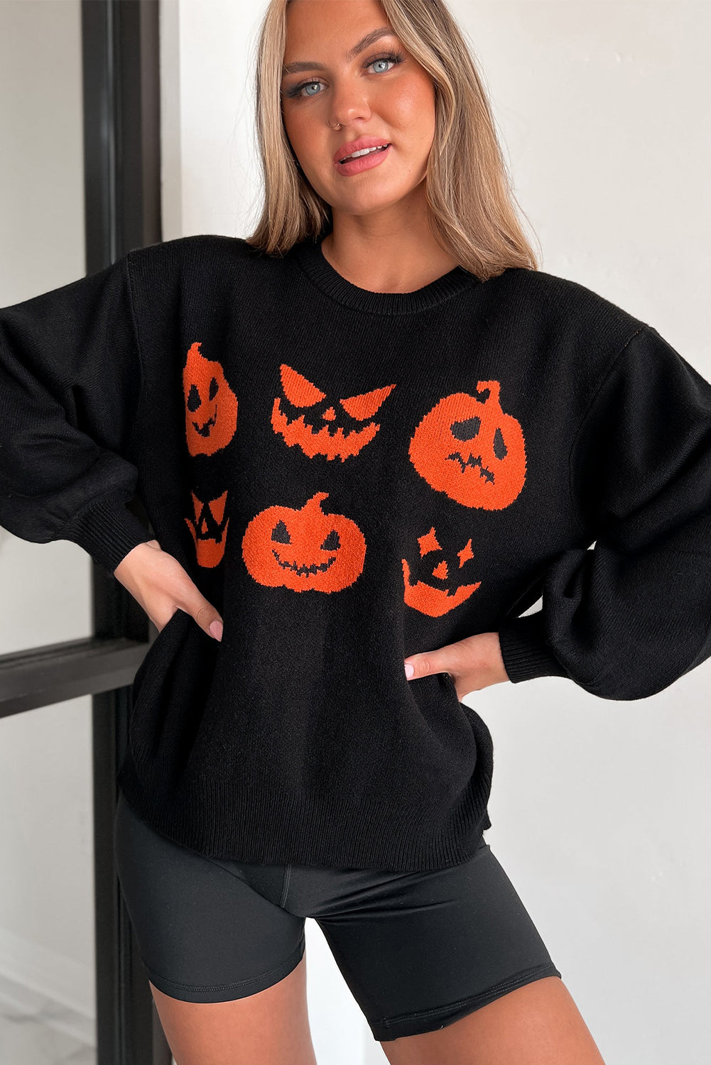 Black Halloween Pumpkin Face Pattern Drop Shoulder Sweater