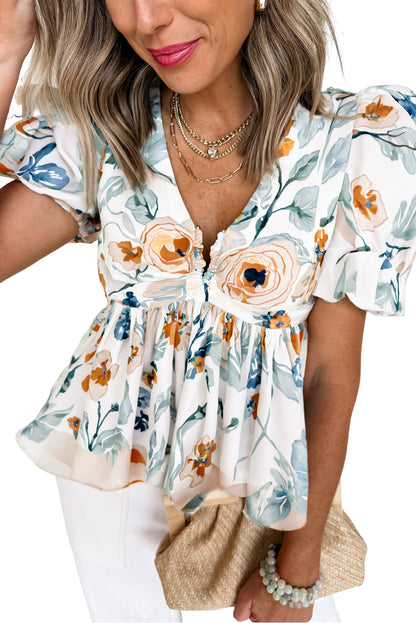 Green Floral Print Puff Sleeve V Neck Babydoll Blouse