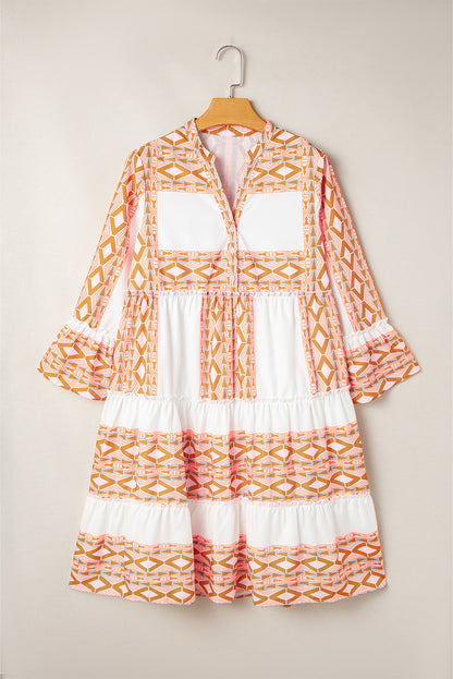 Orange Geometric Print Ruffle Tiered Button V Neck Dress