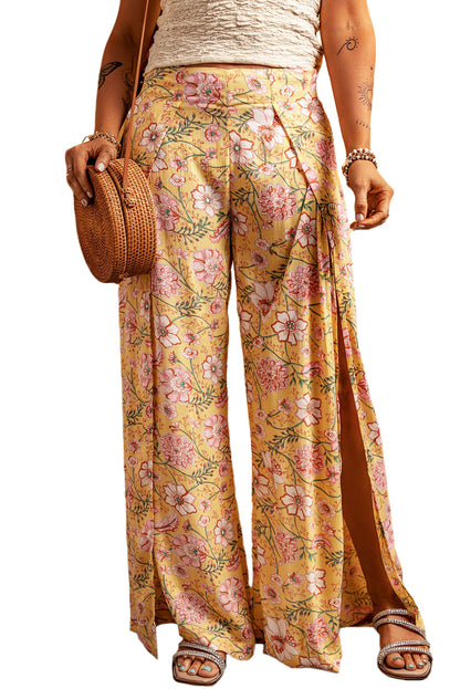 Yellow Floral Print High Slit Wide Leg Pants