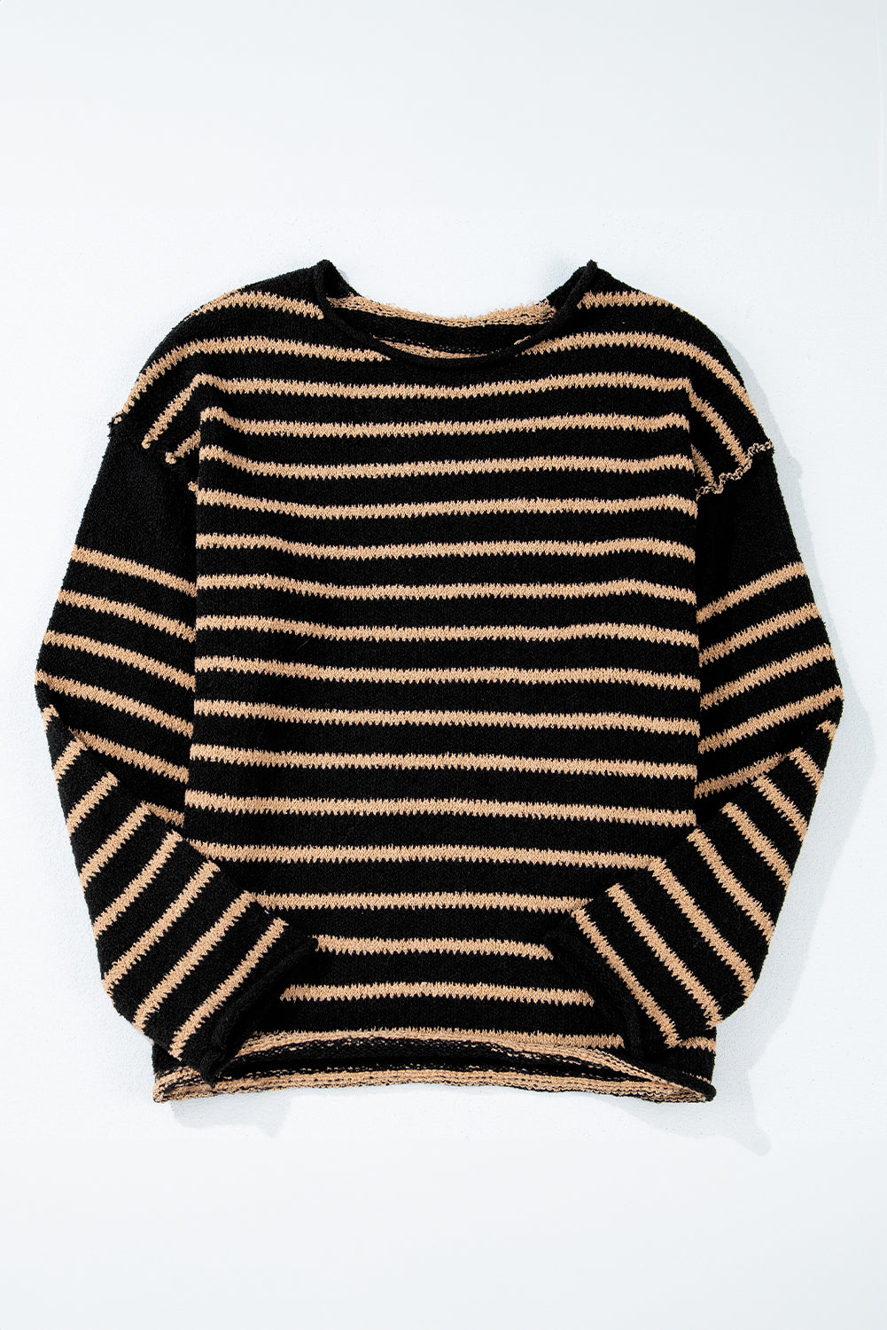 Black Stripe Drop Shoulder Round Neck Loose Sweater