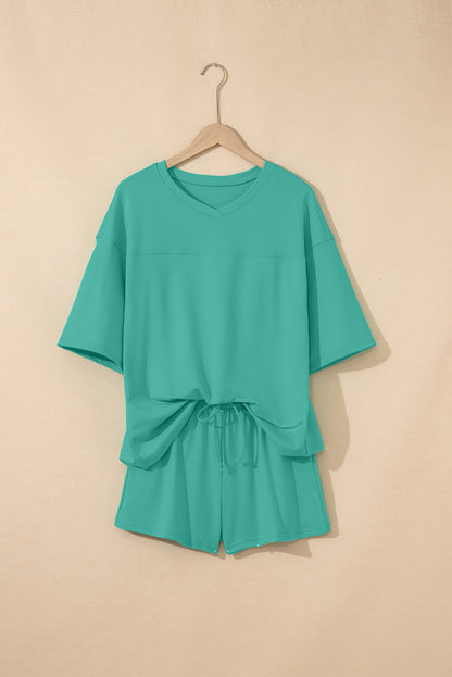 Sea Green Solid Loose V Neck Half Sleeve Tee and Shorts
