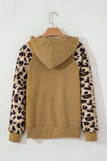 Light French Beige Leopard Print Patchwork Raglan Sleeve Half Buttons Hoodie