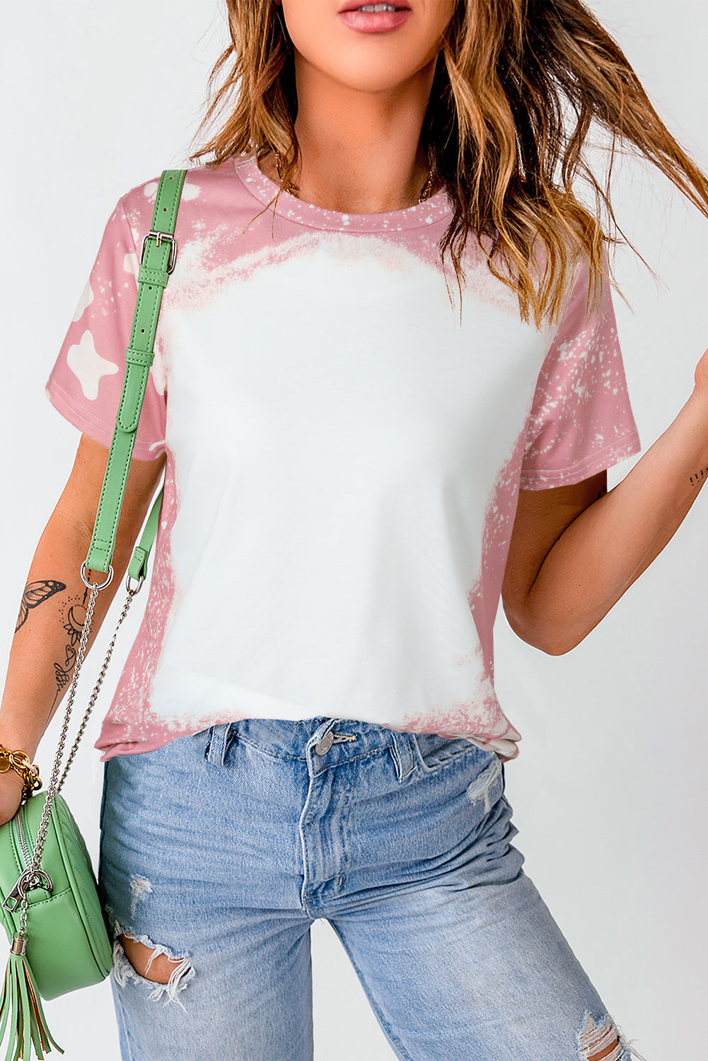 Pink Tie Dye Color Bleached Short Sleeve T Shirt