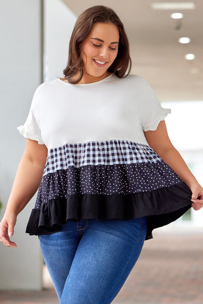 Plus Size Plaid Color Block Tiered Blouse