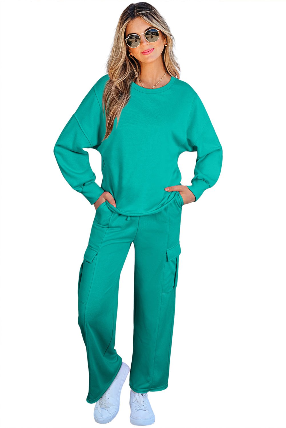 Solid Color Pullover Top and Cargo Pants Set