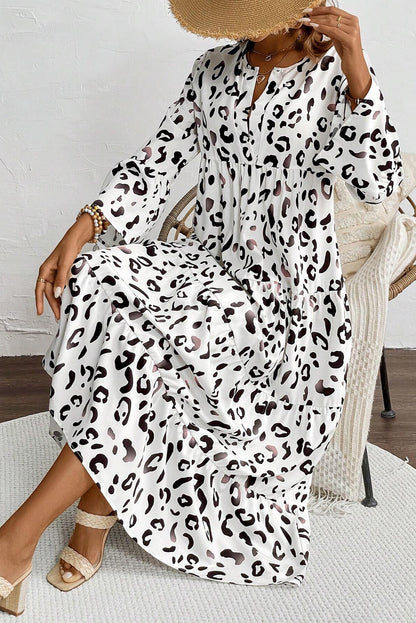 White Leopard Print Notch V Neck Loose Fit Maxi Dress