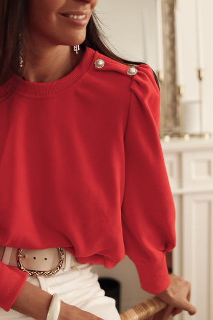 Fiery Red Button Tab Detail Long Sleeve Top