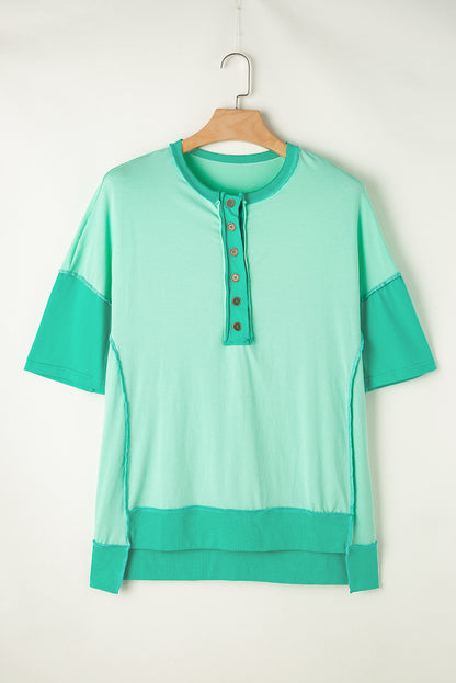 Bright Green Contrast Color Patchwork Half Button T Shirt