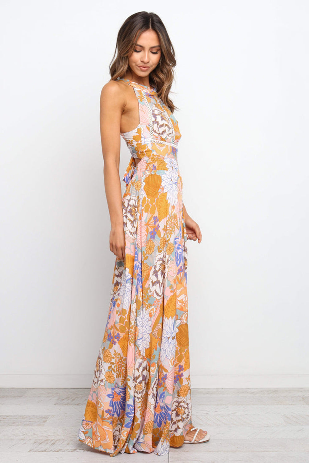 Orange Boho Floral Backless Lace up Sleeveless Maxi Dress