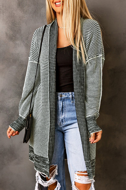 Gray Plaid Knitted Long Open Front Cardigan