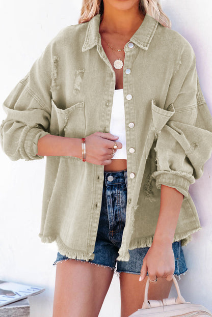 Green Distressed Fringe Trim Denim Jacket