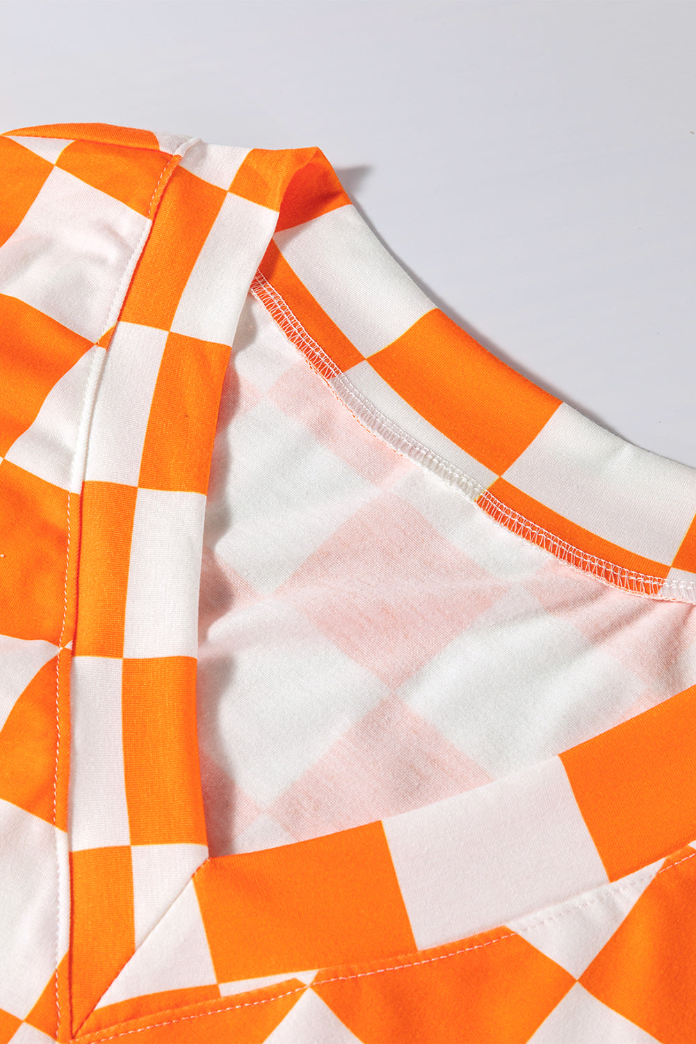 Orange Checkerboard Print V Neck Loose Tee and Shorts Lounge Set