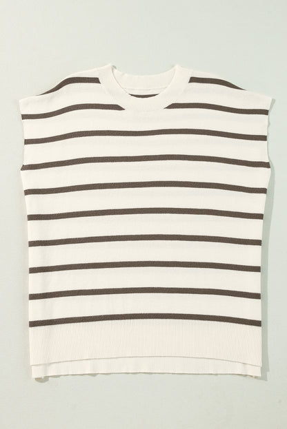 Brown Stripe Side Slits Crewneck Short Sleeve Sweater Tee