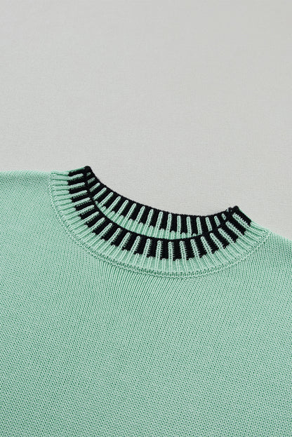 Mint Green Contrast Trim Round Neck Batwing Sleeve Knitted Top