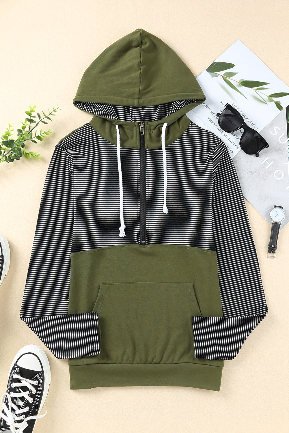 Green Half Zip Stripes Patchwork Hoodie