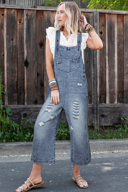 Stone Blue Distressed Bib Pocket Wide Leg Denim Overall