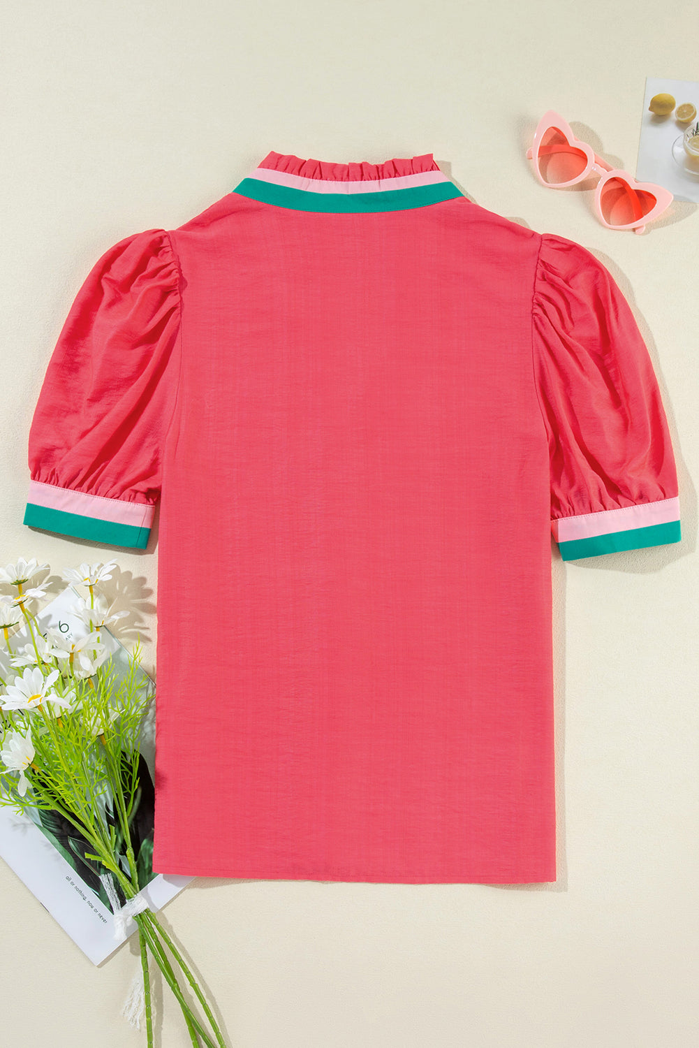 Carrot Colorful Trim V Neck Short Sleeve Blouse