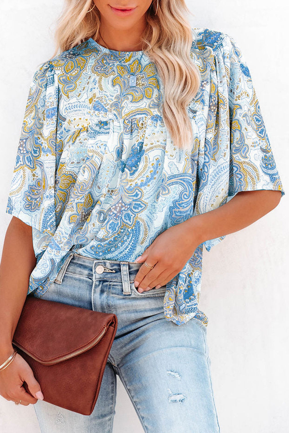 Sky Blue Paisley Print Wide Sleeves Loose Blouse