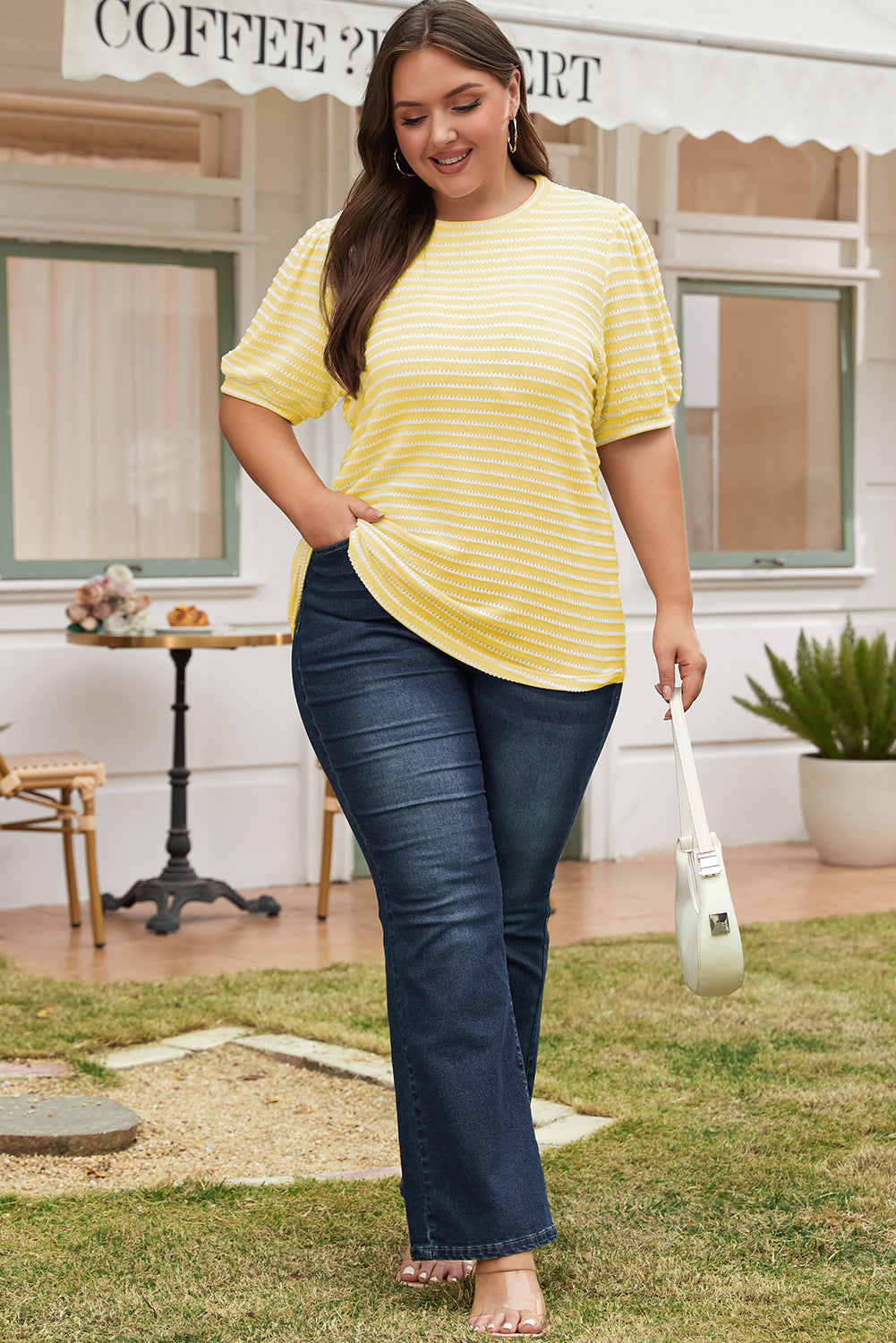 Yellow Stripe Short Puff Sleeve Plus Size Jumper