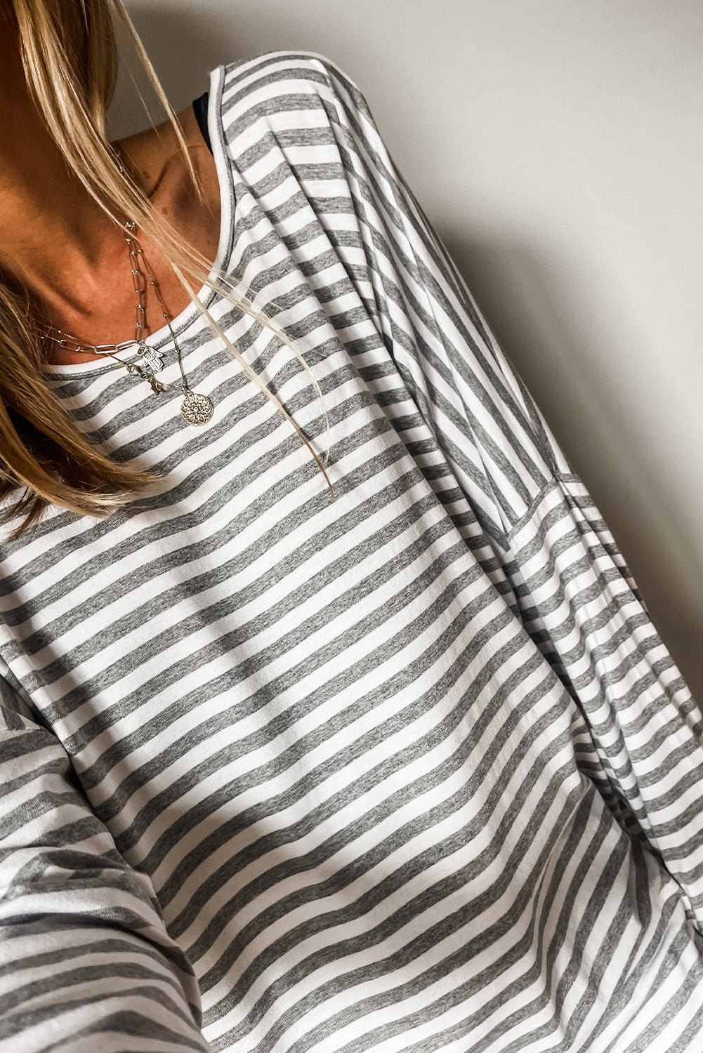 Gray Stripe Drop Sleeve Round Neck Oversized Long Sleeve Top