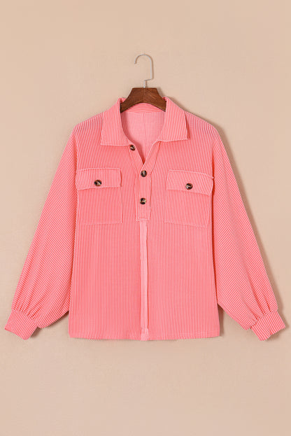 Pink Corded Flap Pocket Henley Top